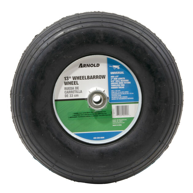 Pneumatic Wheel. 350 lbs. Load Rating. 3" Hub Length. 5/8" Ball Bearing. Ribbed Tread. 2-ply Rating