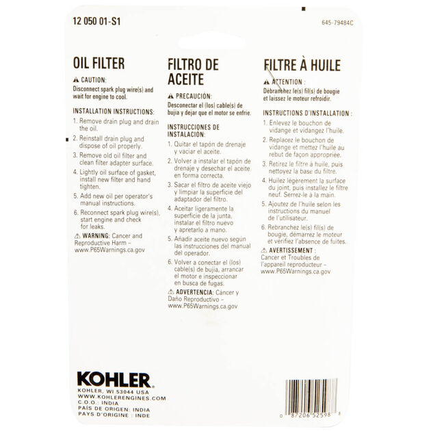 Kohler Part Number 1205001S1C. Short Oil Filter
