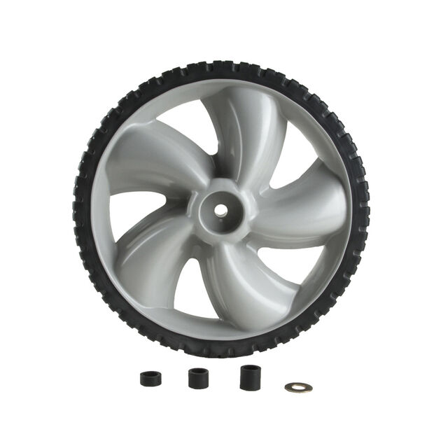 12" x 1.75" Plastic Wheel. 50 lbs. Load Rating. 1/2" Hub Length. 1/2" Nylon Bearing. Offset Hub. Bar Tread.