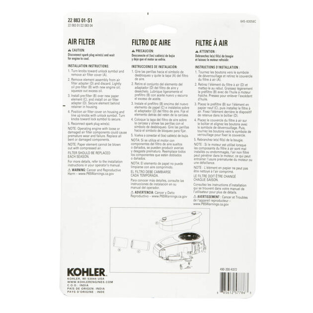 Air Filter for Kohler 5400 Series Engines