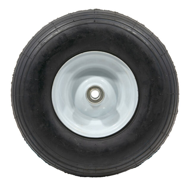 Pneumatic Wheel. 350 lbs. Load Rating. 3" Hub Length. 5/8" Ball Bearing. Ribbed Tread. 2-ply Rating